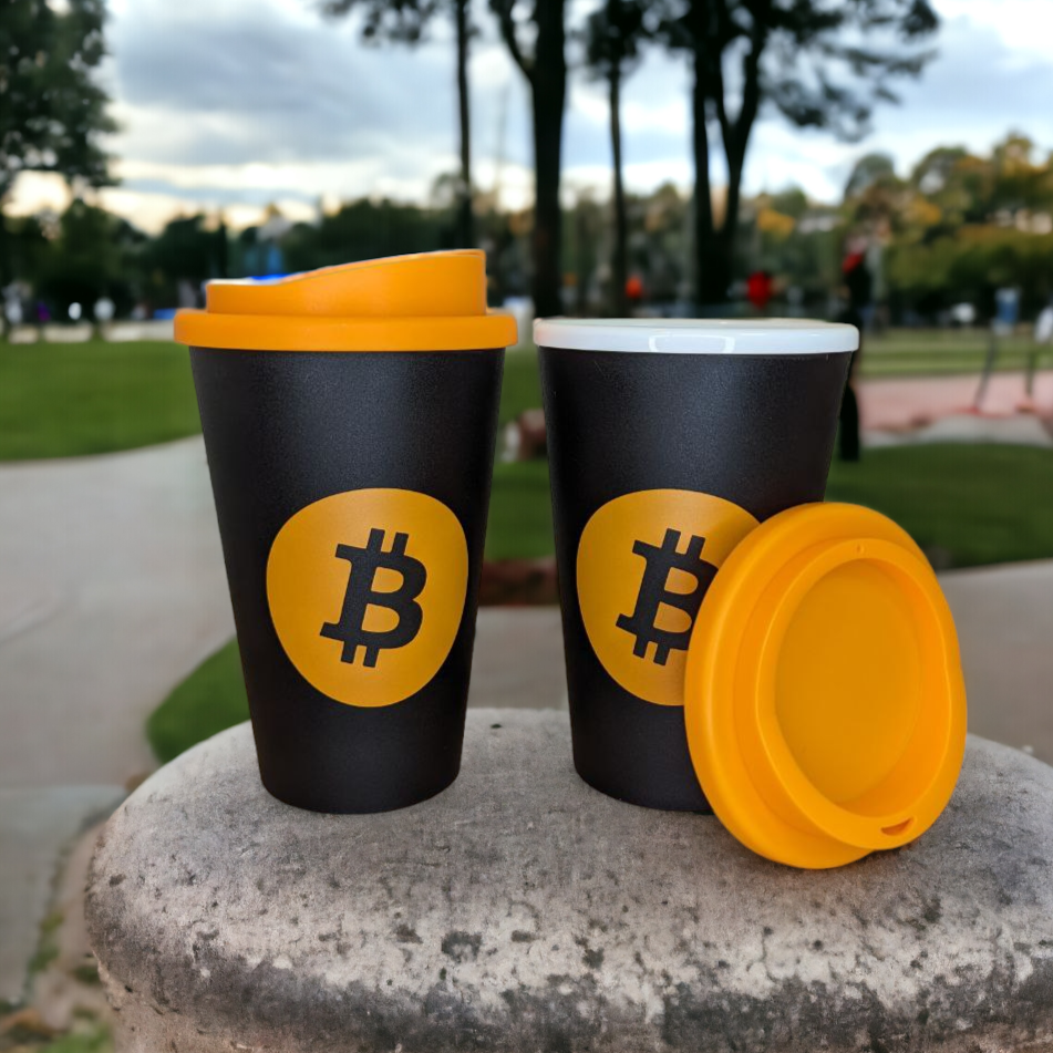 Bitcoin Coffee Cup black with lid | Americano Insulated Coffee Cup orange BTC logo | Travel Coffee Cup black