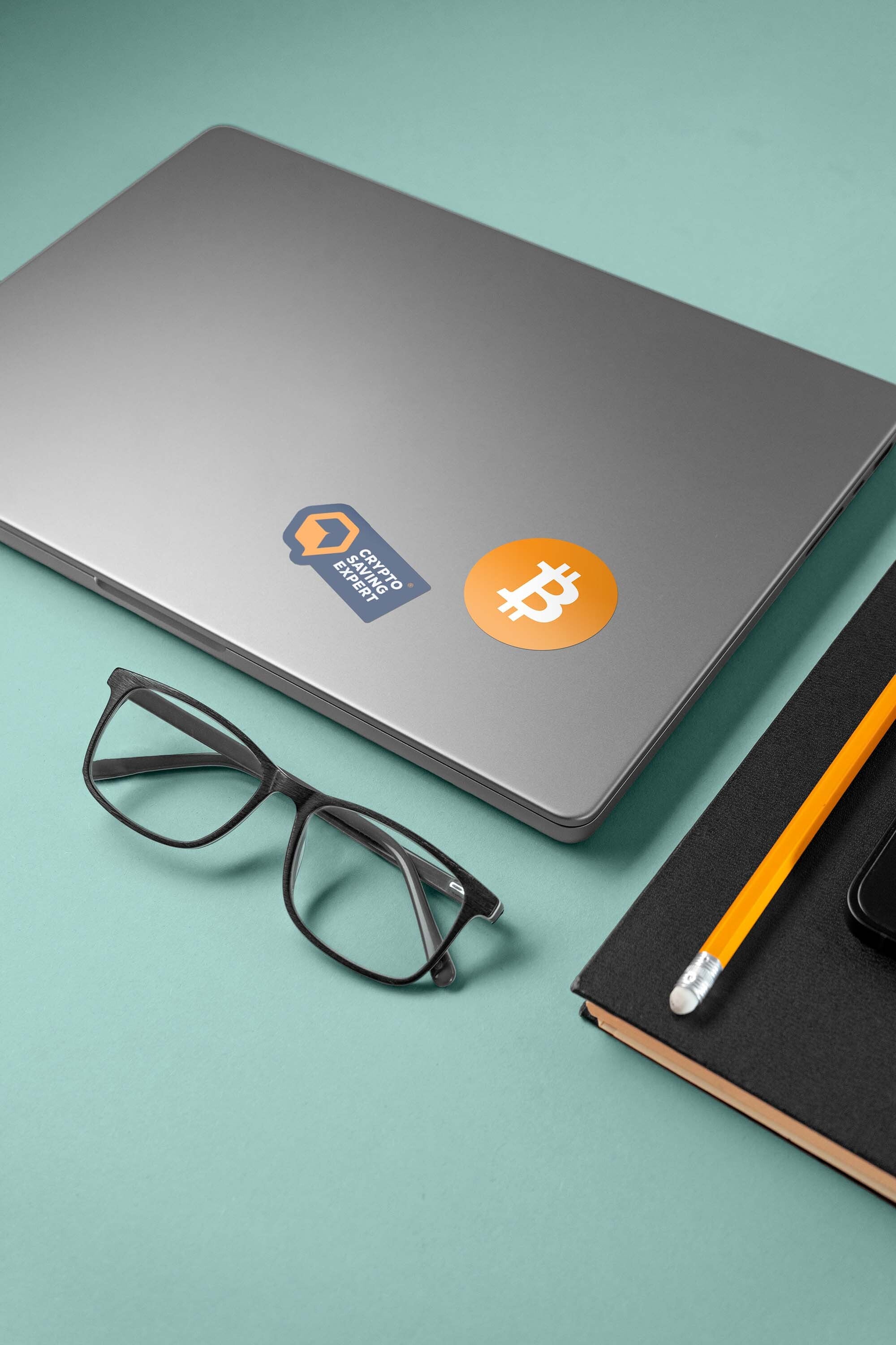 Bitcoin Logo Sticker top view | Bitcoin Logo Self-adhesive Sticker back of laptop | Crypto Sticker on laptop