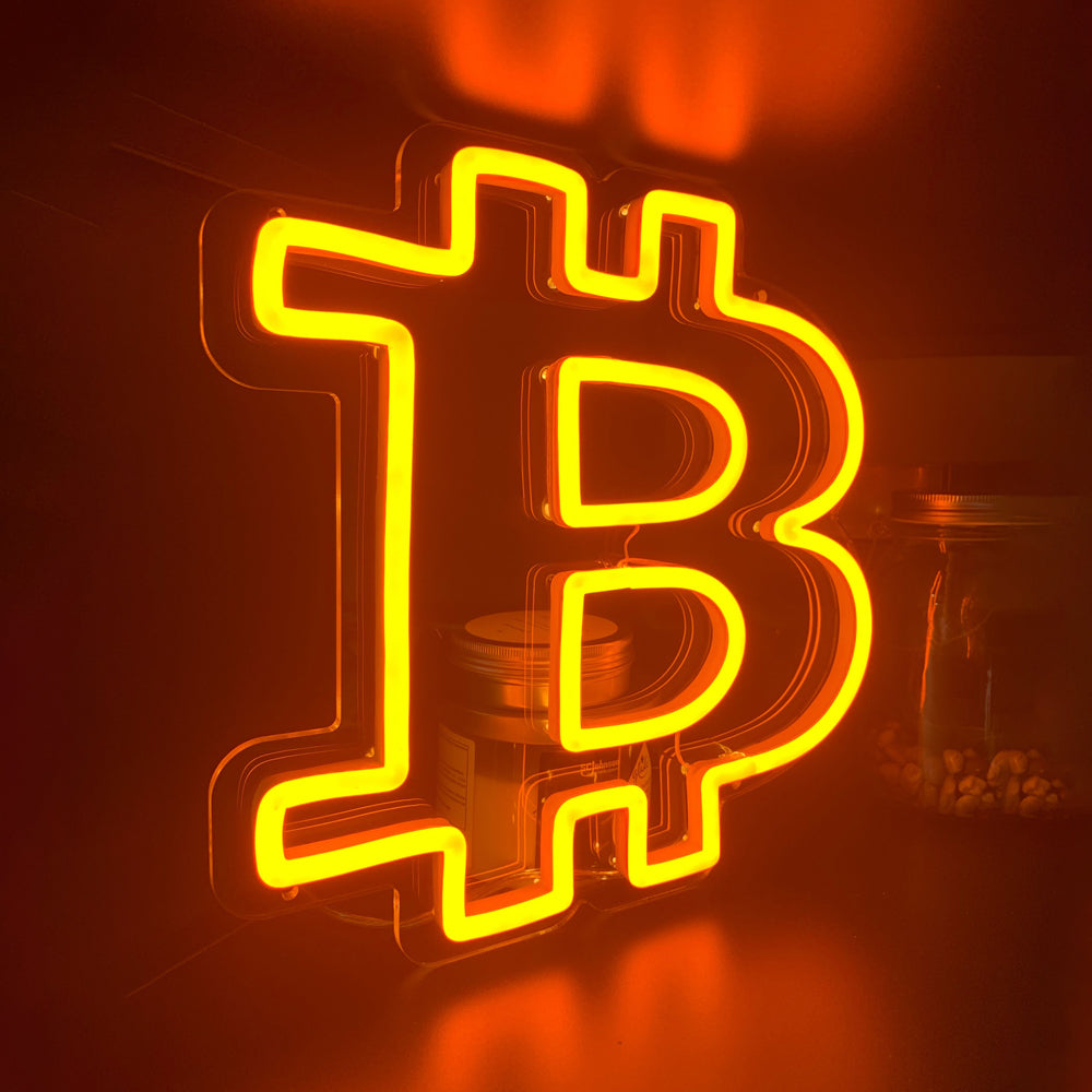 Bitcoin Logo Neon Sign angle | Cryptocurrency Neon Sign front | Bitcoin Wall Decor side