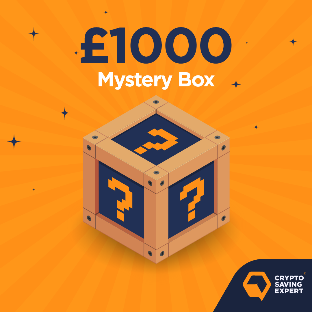 Mega Mystery Box front | Crypto Mystery Box cse logo | Mystery Gift £1000 box