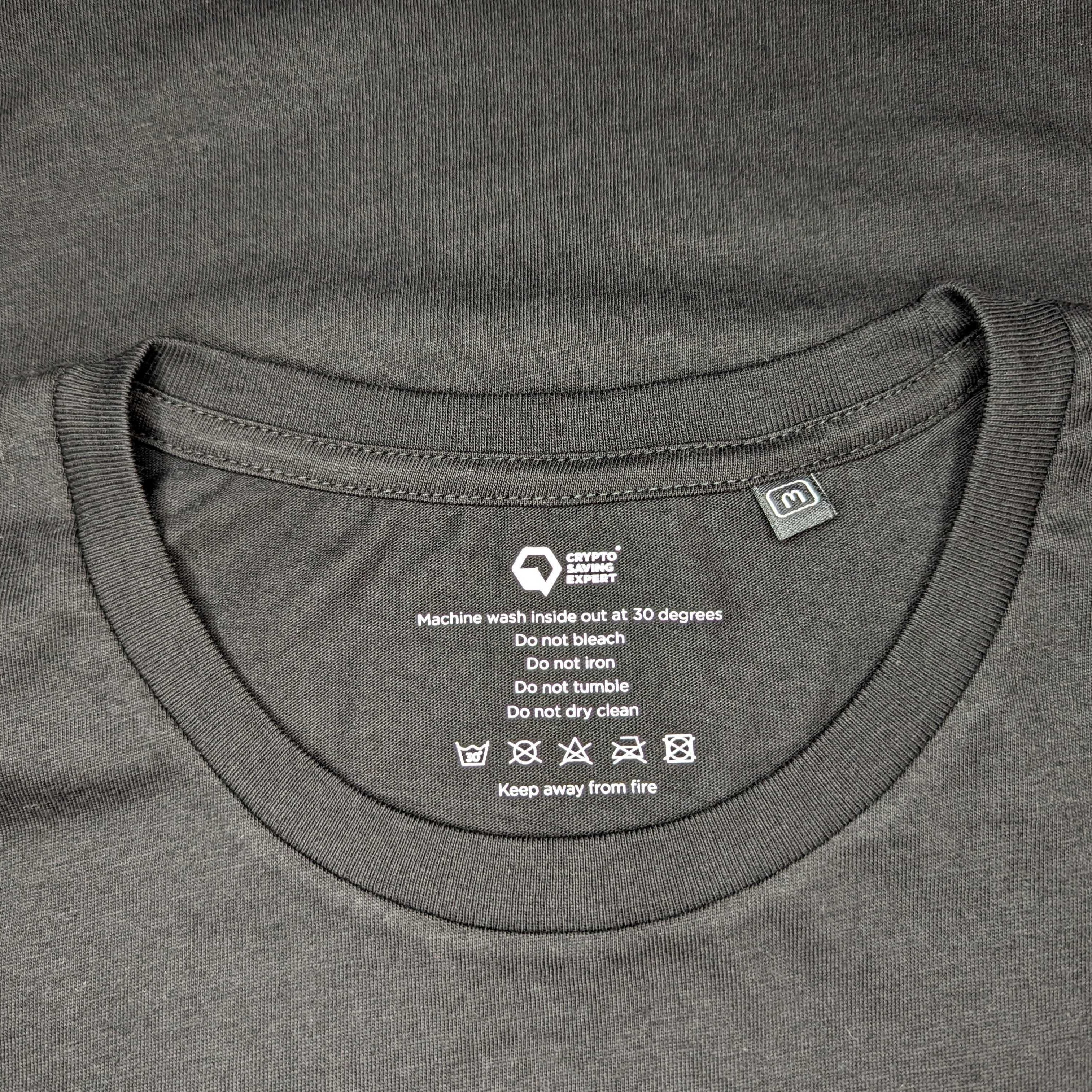 CSE Black on Black T-shirt front Logo Washing instructions | Single Logo T-shirt Instructions | Cryptocurrency T-shirt CSE Logo Washing instructions