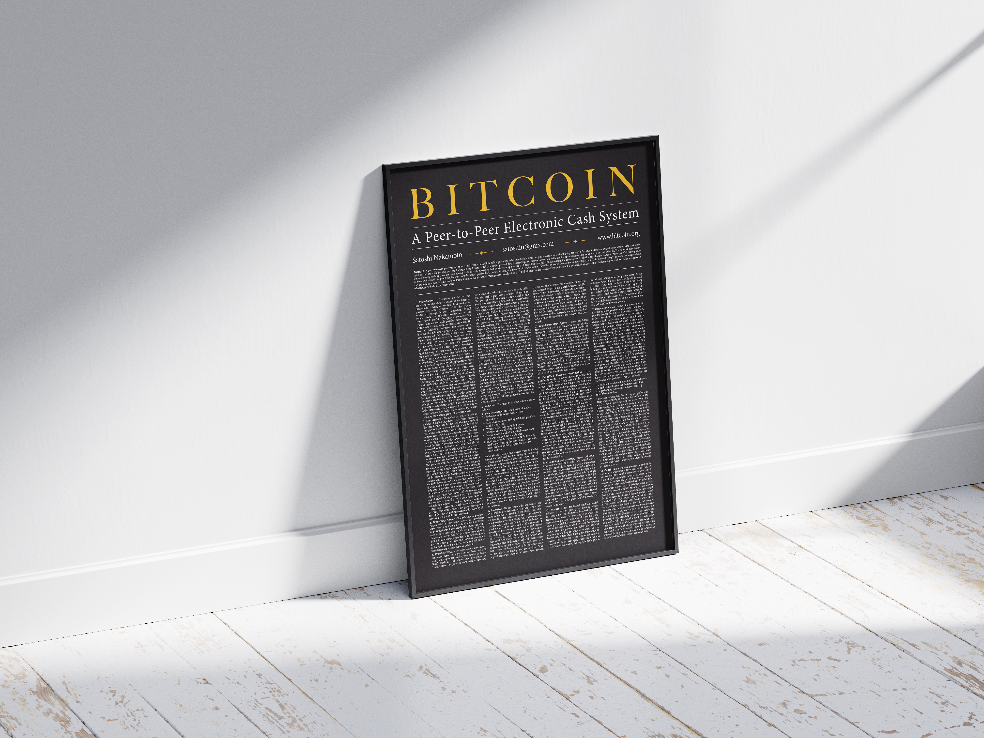 Bitcoin whitepaper poster, BTC wall art, cryptocurrency framed