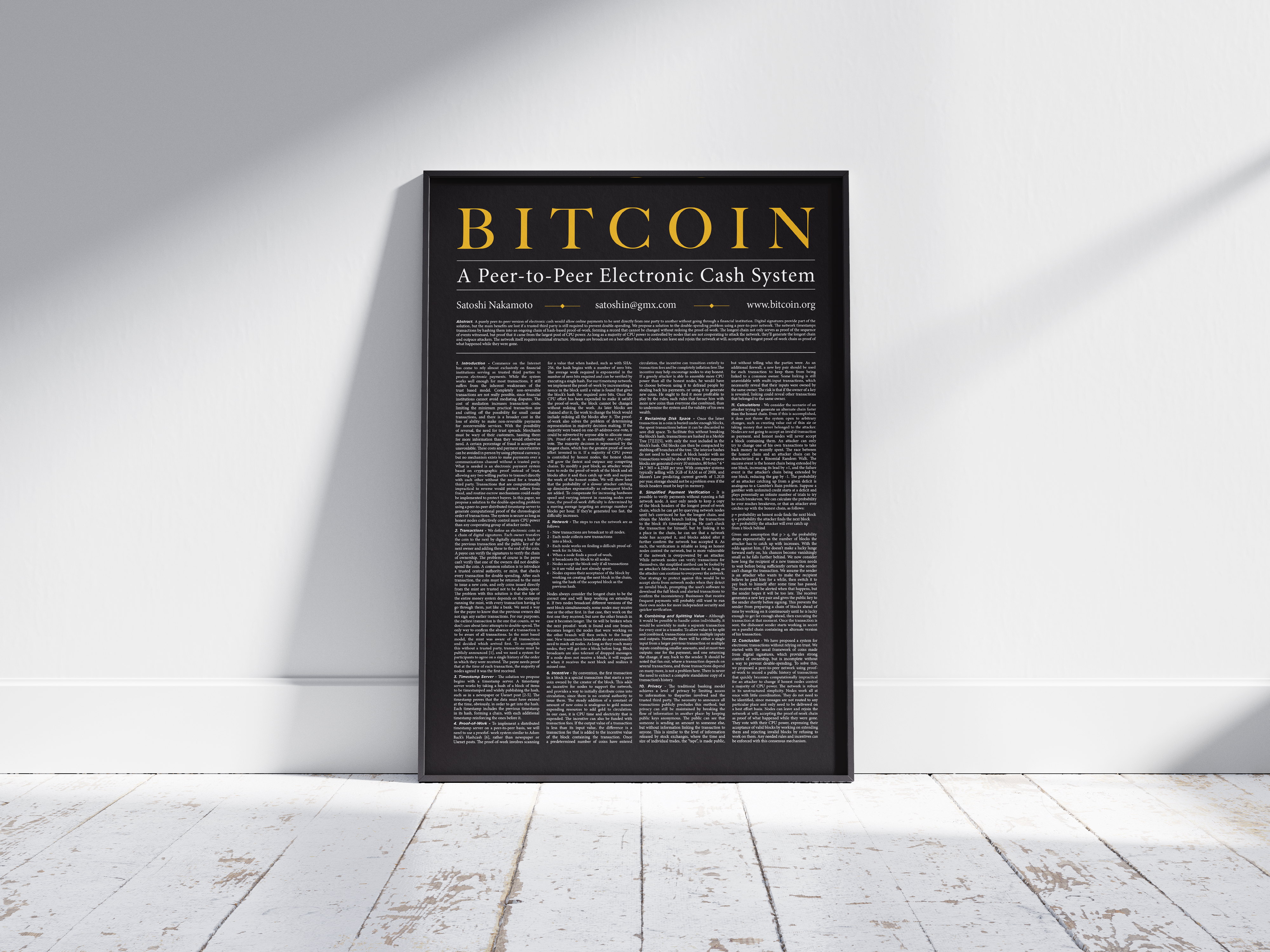 Bitcoin Whitepaper Poster, Crypto Art, Cryptocurrency front shadow left