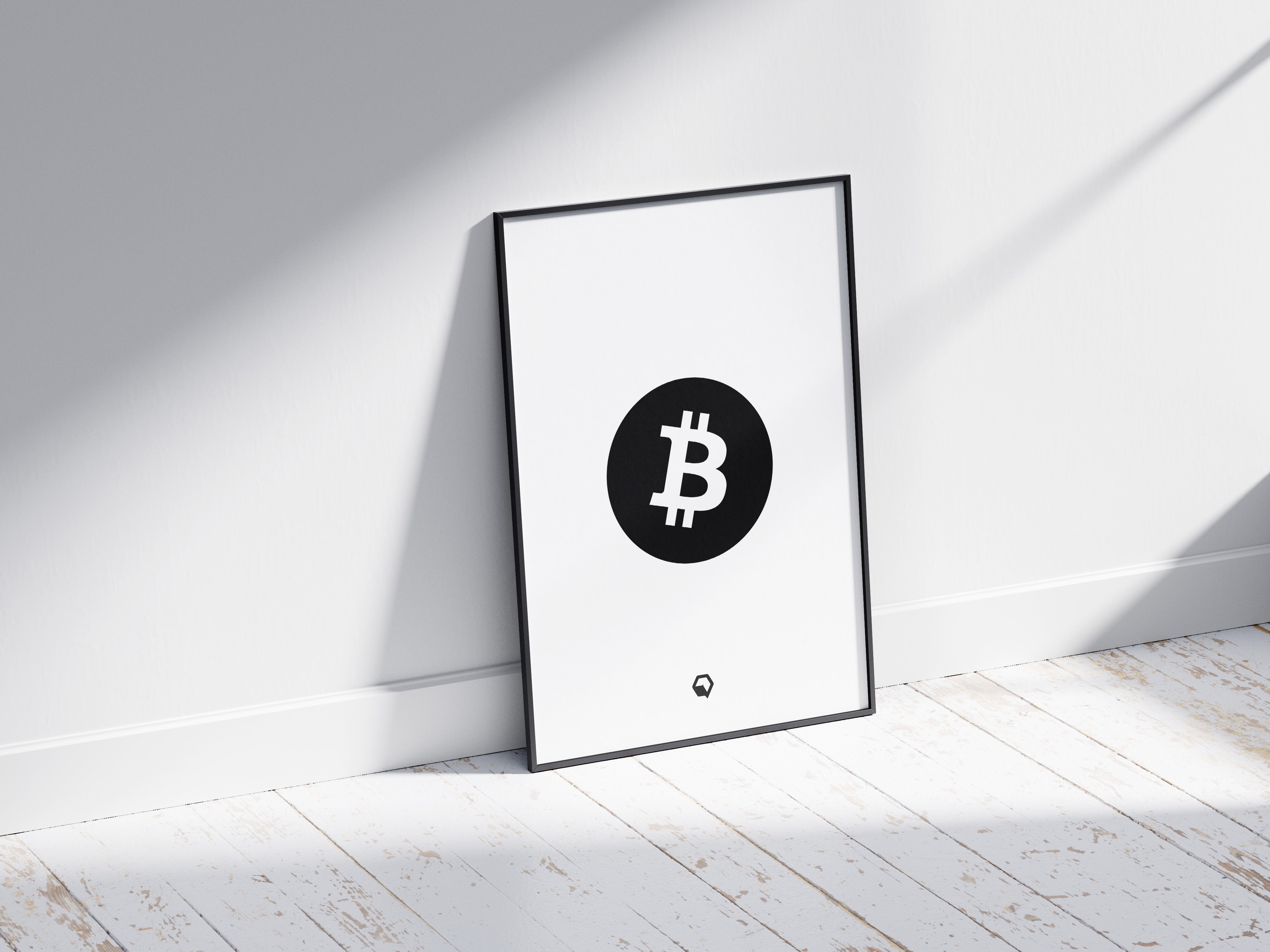 Bitcoin Logo Poster White anlged | BTC Wall Art on floor | Crypto Art leant against wall