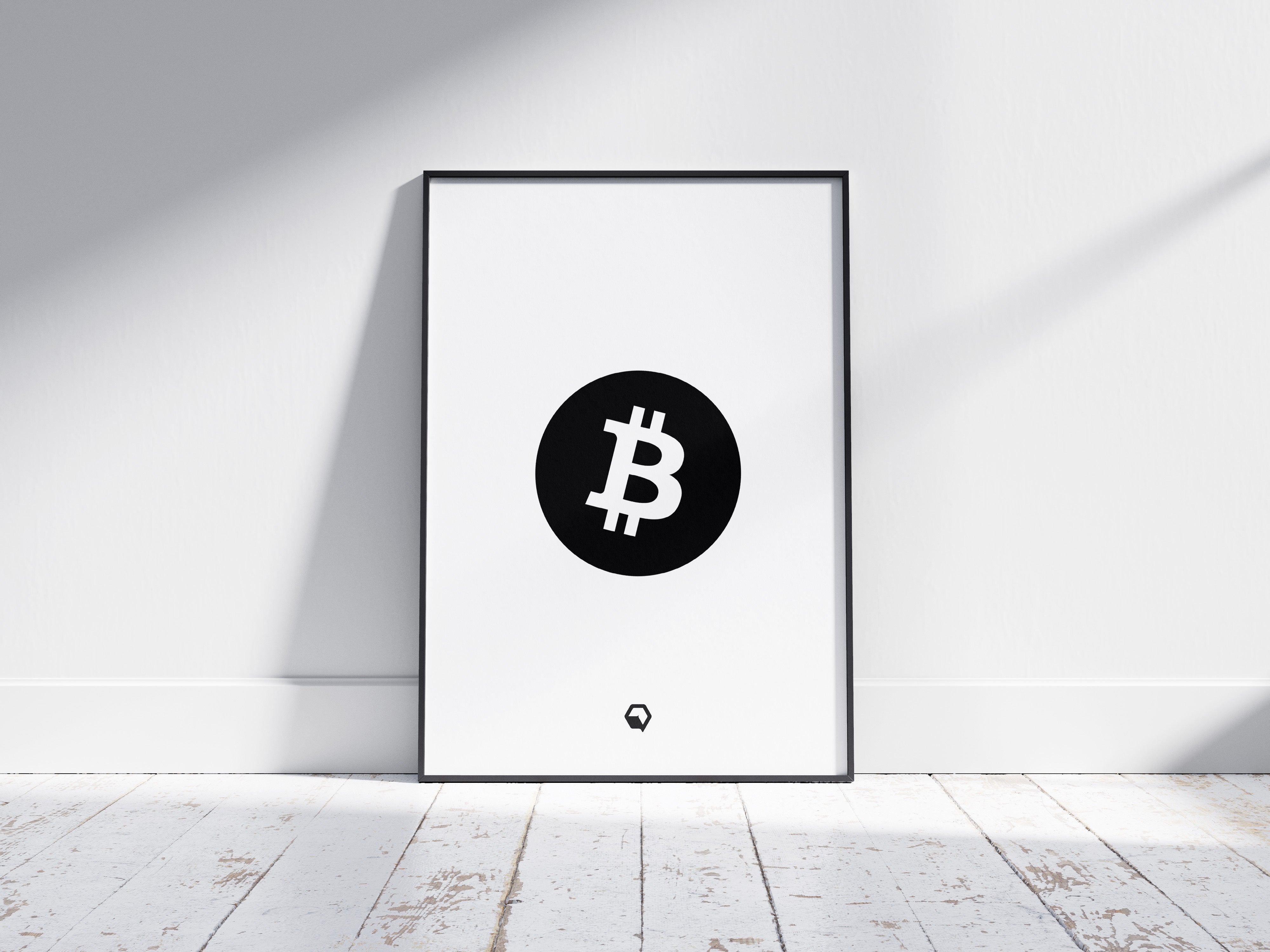 Bitcoin Logo Poster White floor| BTC Wall Art on floor | Crypto Art leant on wall