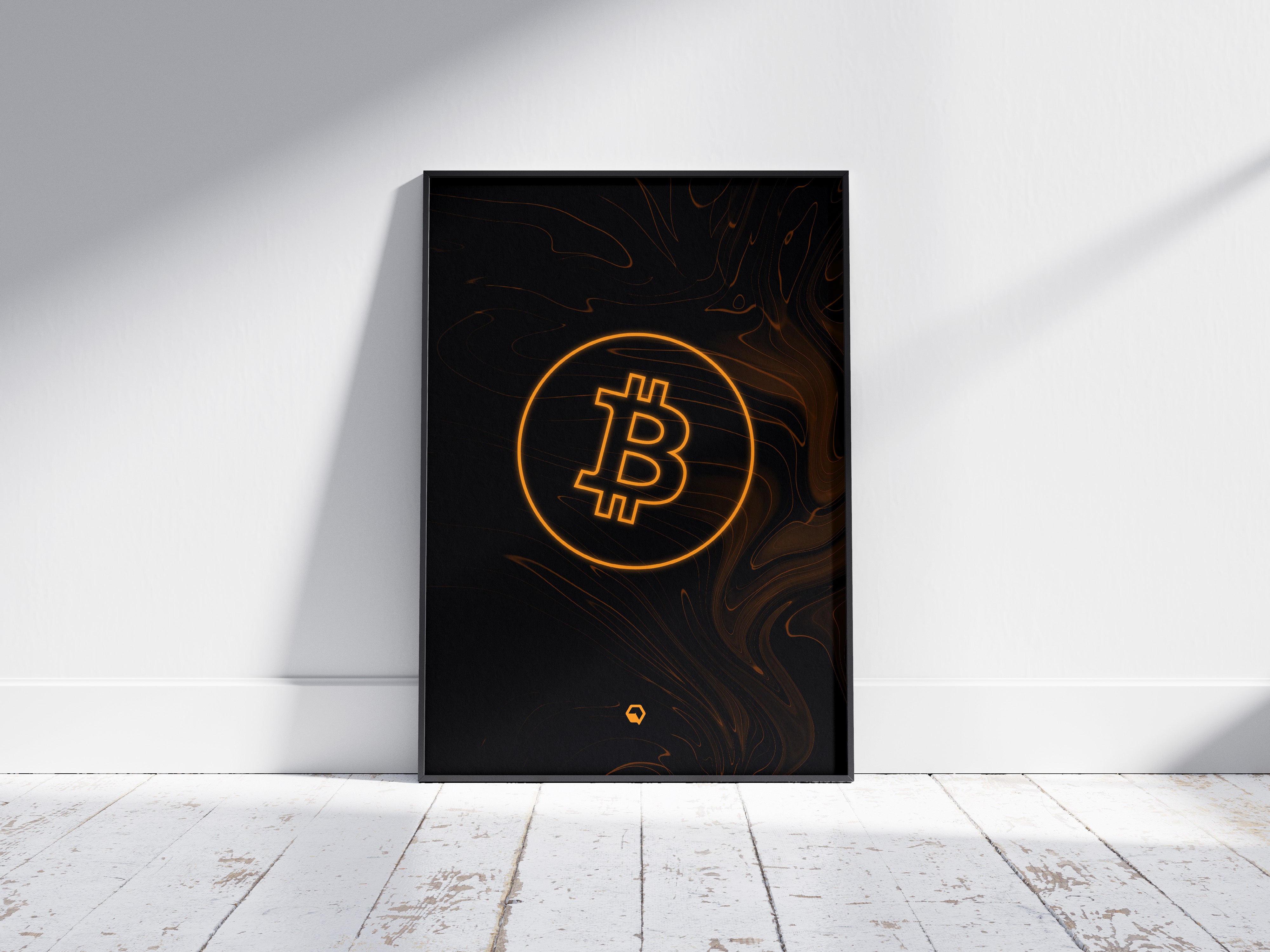 Bitcoin Logo Poster Black floor| BTC Wall Art angle | Crypto Art frame