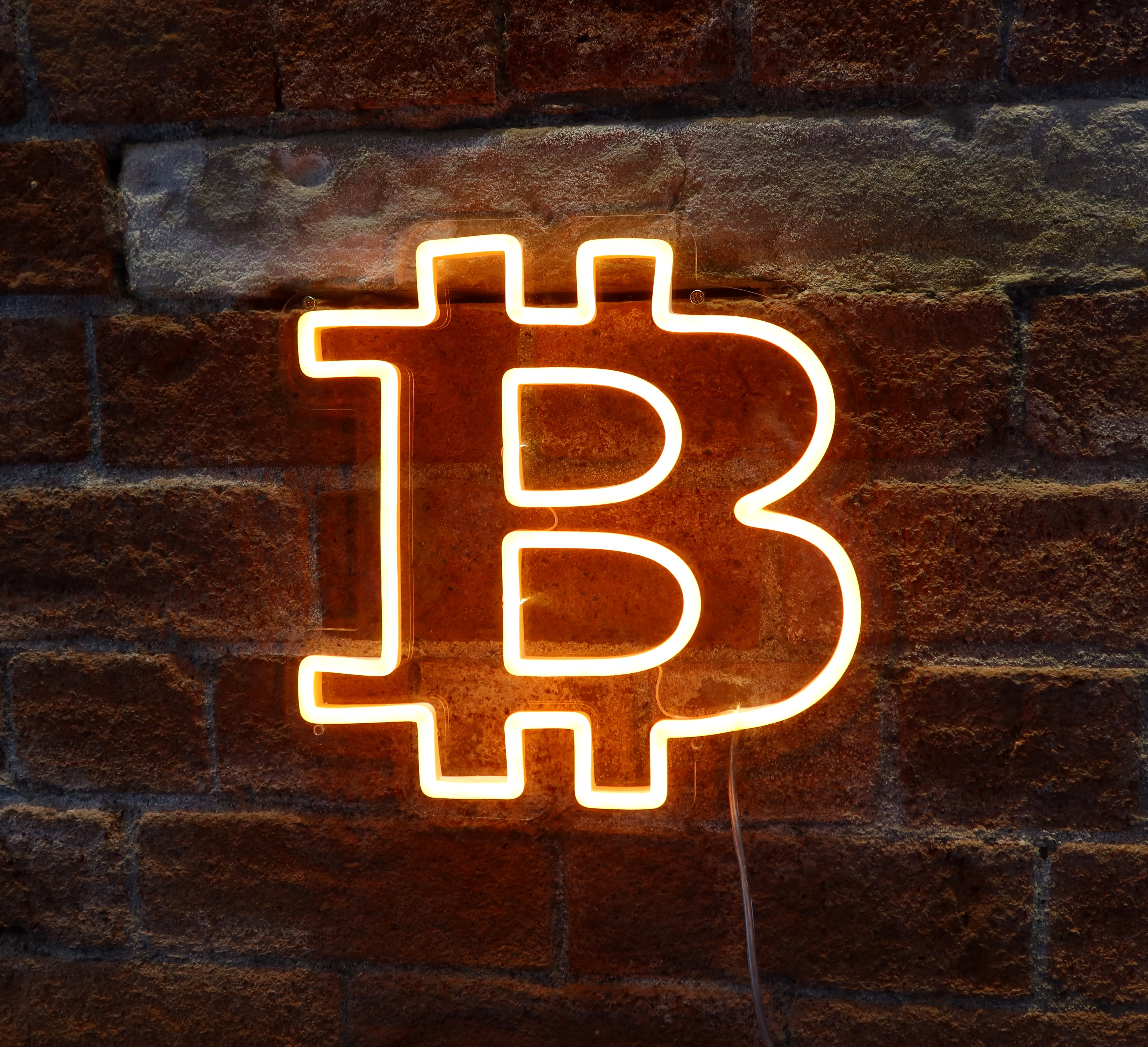 Bitcoin Logo Neon Sign brick | Cryptocurrency Neon Sign front | Bitcoin Wall Decor view