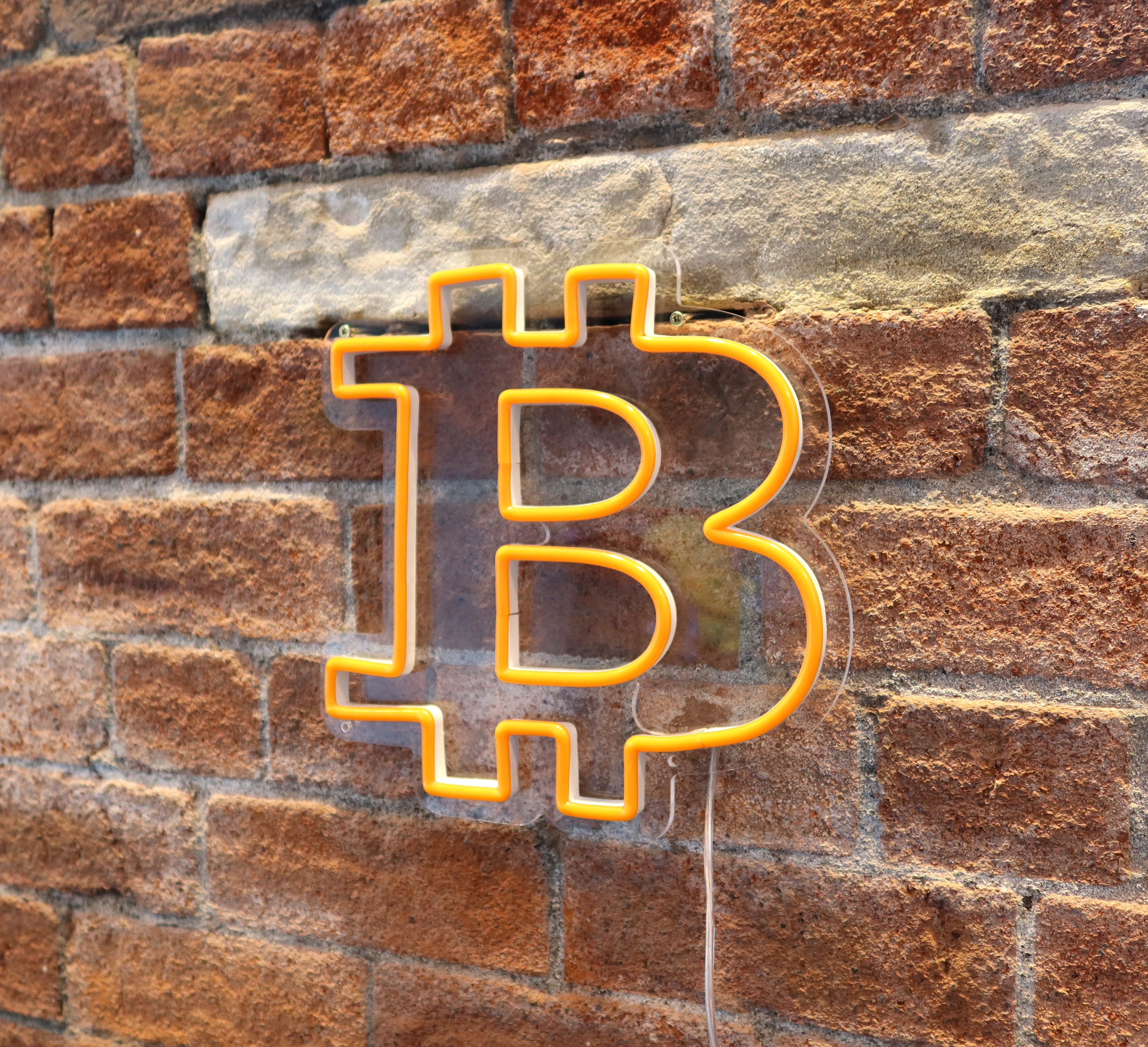 Bitcoin Logo Neon Sign set up | Cryptocurrency Neon Sign wall | Bitcoin Wall Decor not illuminated