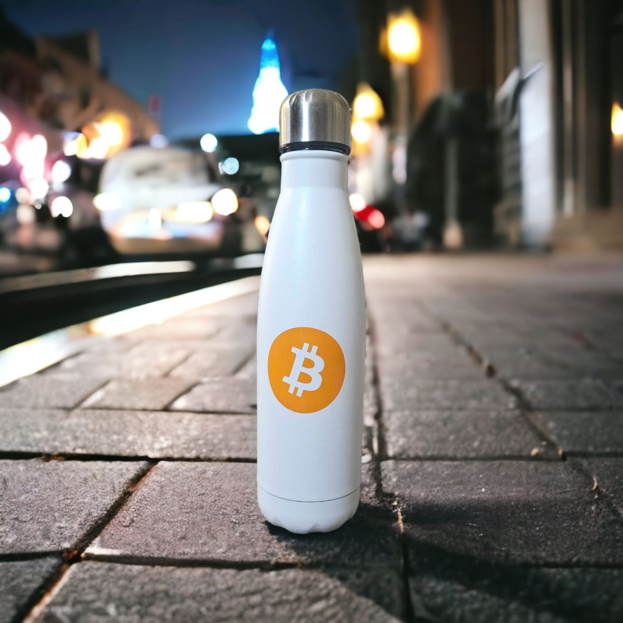 Bitcoin Stainless Steel Water Bottle front view | Crypto Water Bottle side | White Insulated Water Bottle side angle