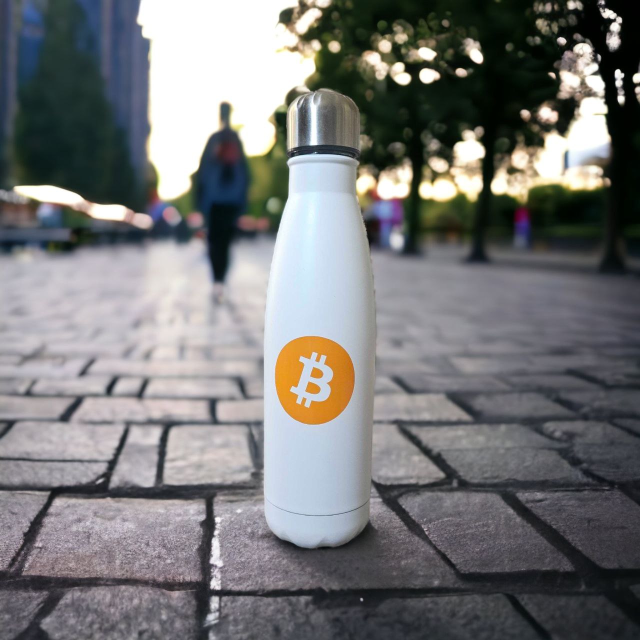 Bitcoin Stainless Steel Water Bottle front with lid | Crypto Water Bottle with lid side | White Insulated Water Bottle with lid