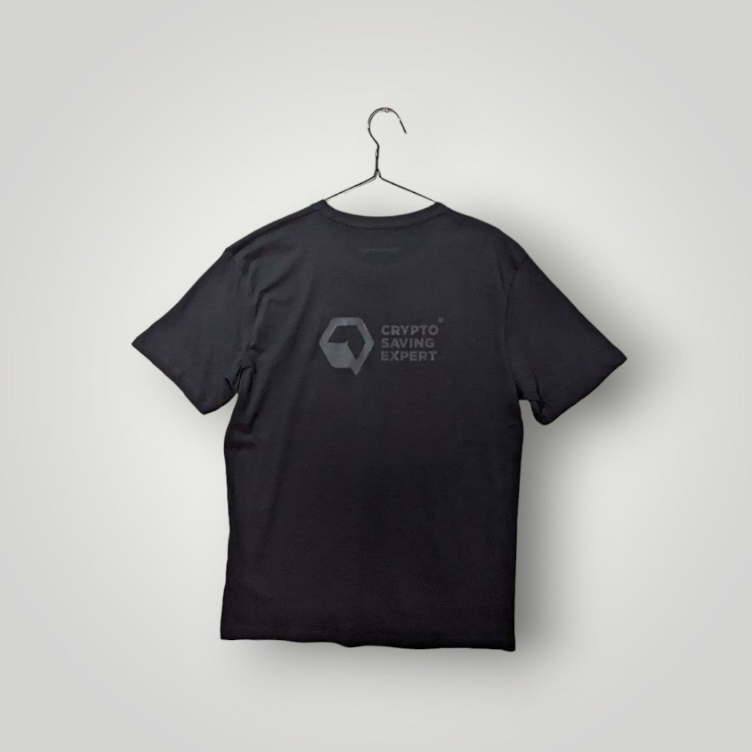 CSE Black on Black T-shirt back shot | Twin Logo T-shirt on back | Cryptocurrency T-shirt back