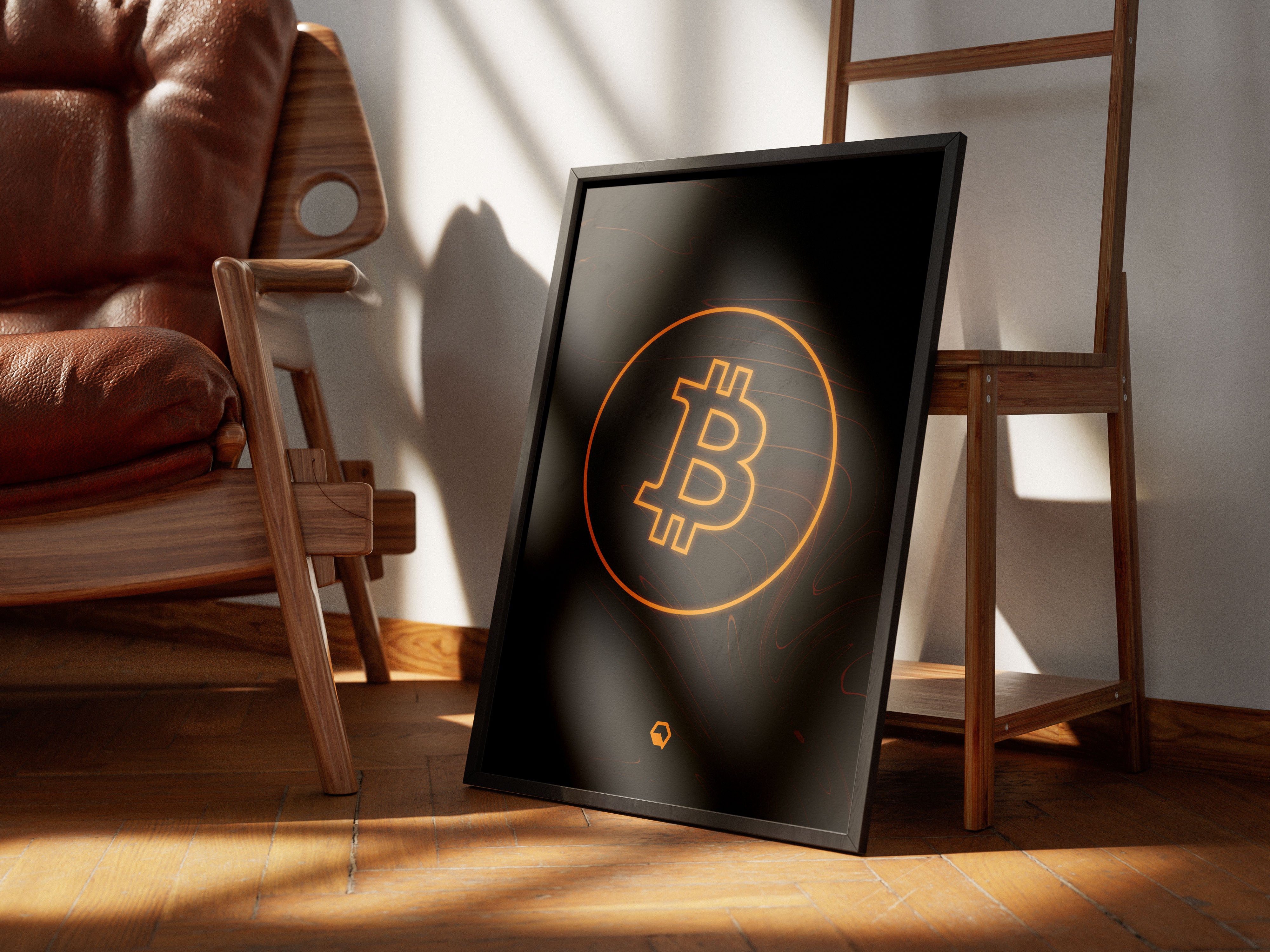 Bitcoin Logo Poster Black floor | BTC Wall Art angle | Crypto Art side