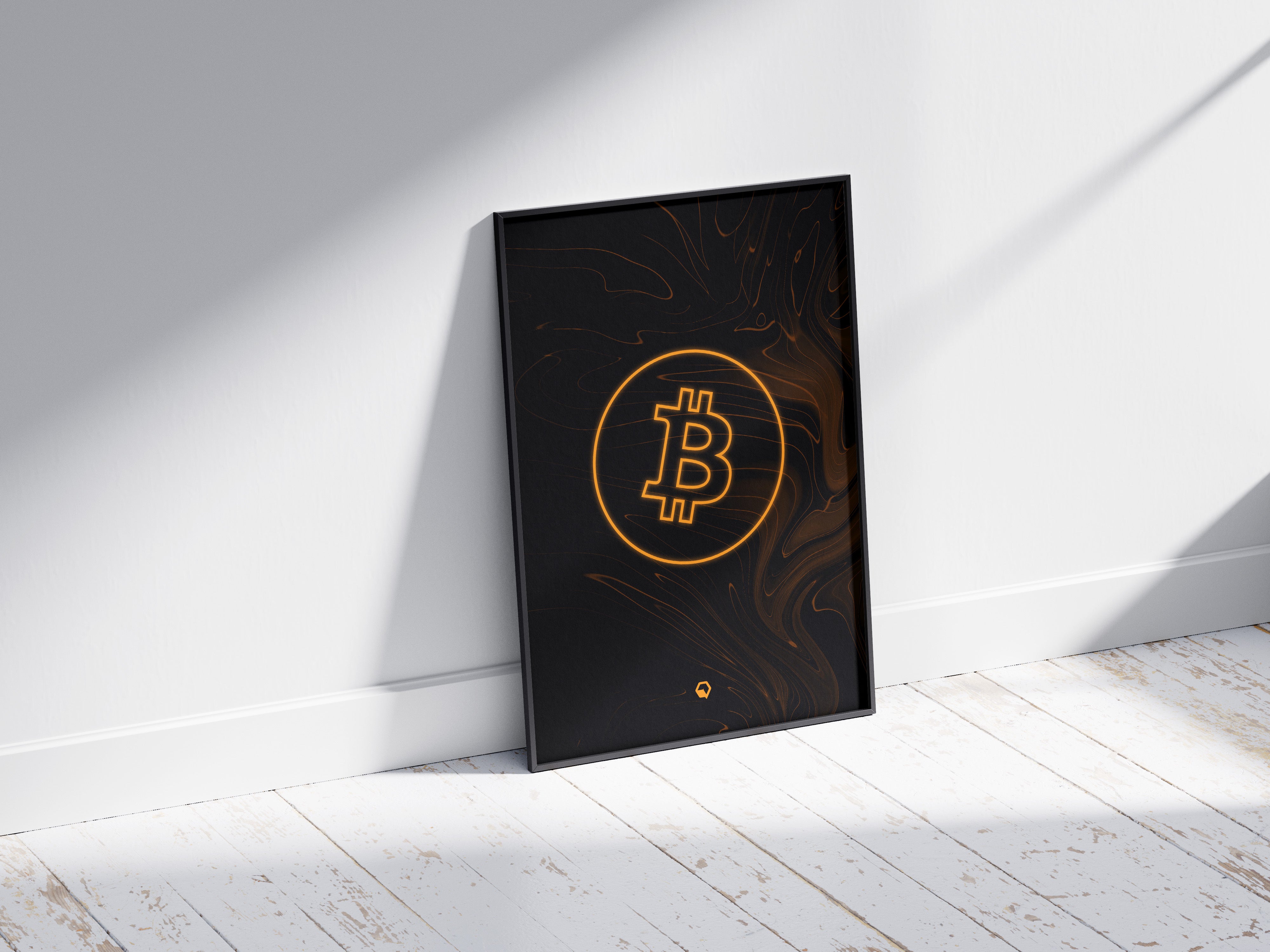 Bitcoin Logo Poster Black leant on wall | BTC Wall Art side view | Crypto Art angled view