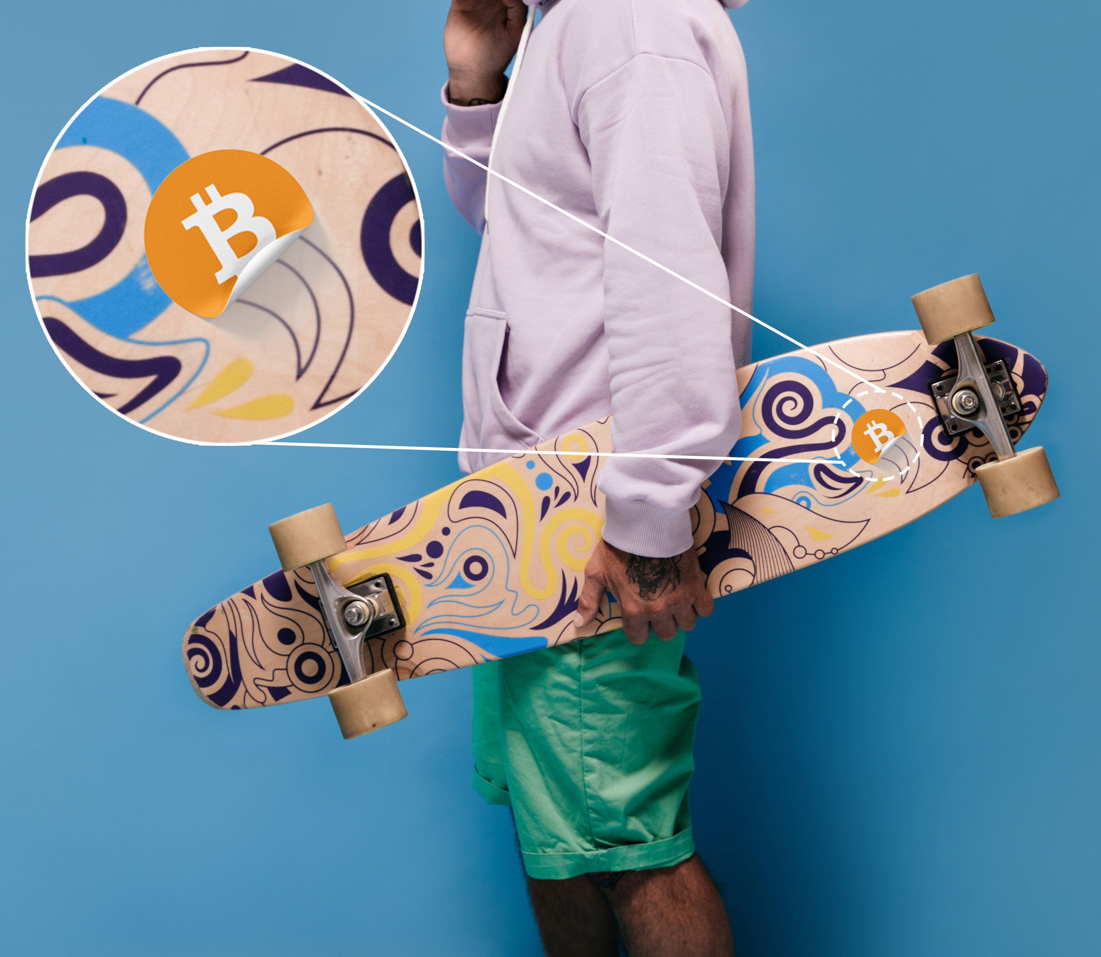 Bitcoin Logo Sticker close up | Bitcoin Logo Self-adhesive Sticker side | Crypto Sticker on skateboard