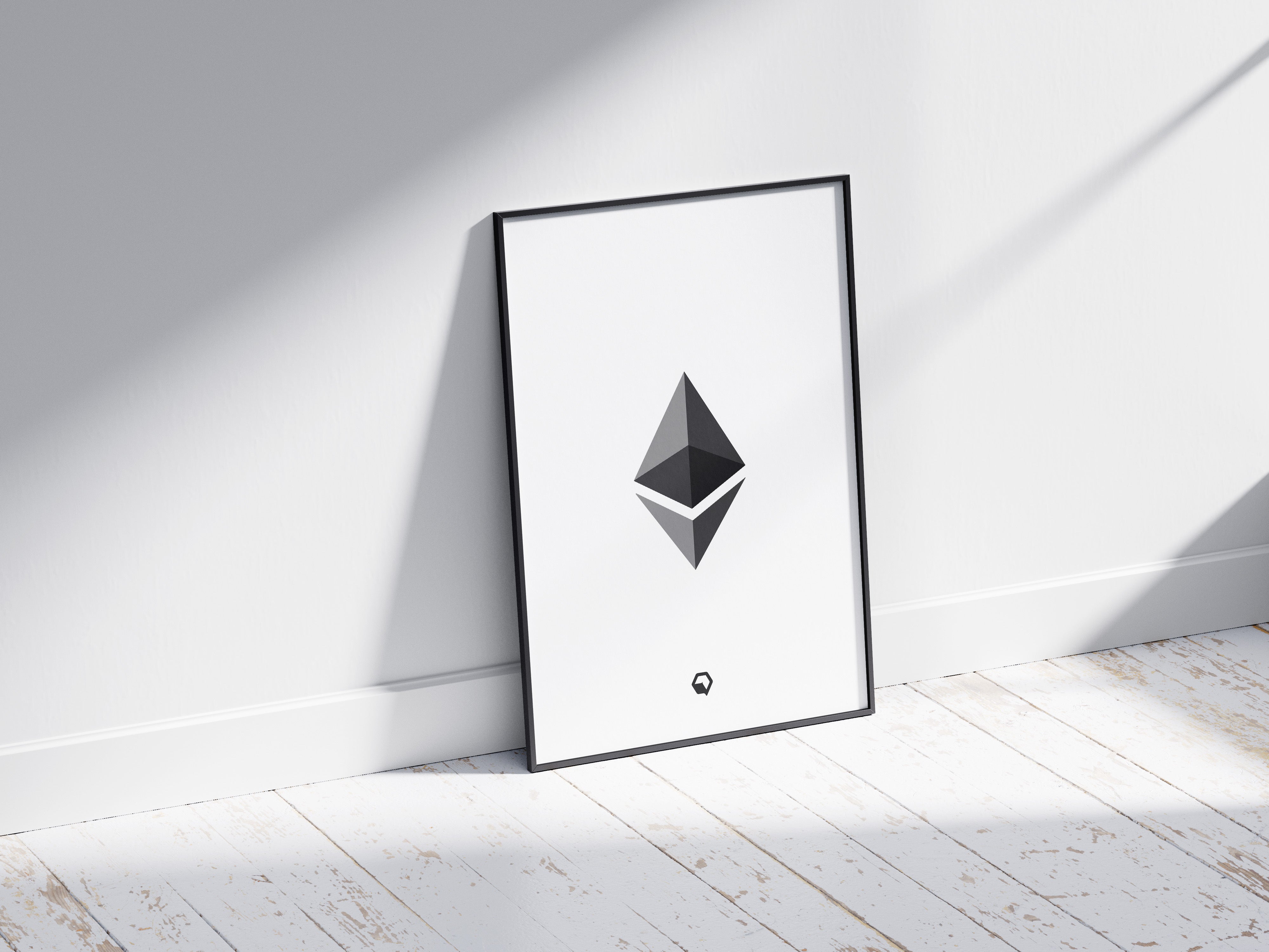 Ethereum Poster White front | ETH Wall Art side | Crypto Art angle 