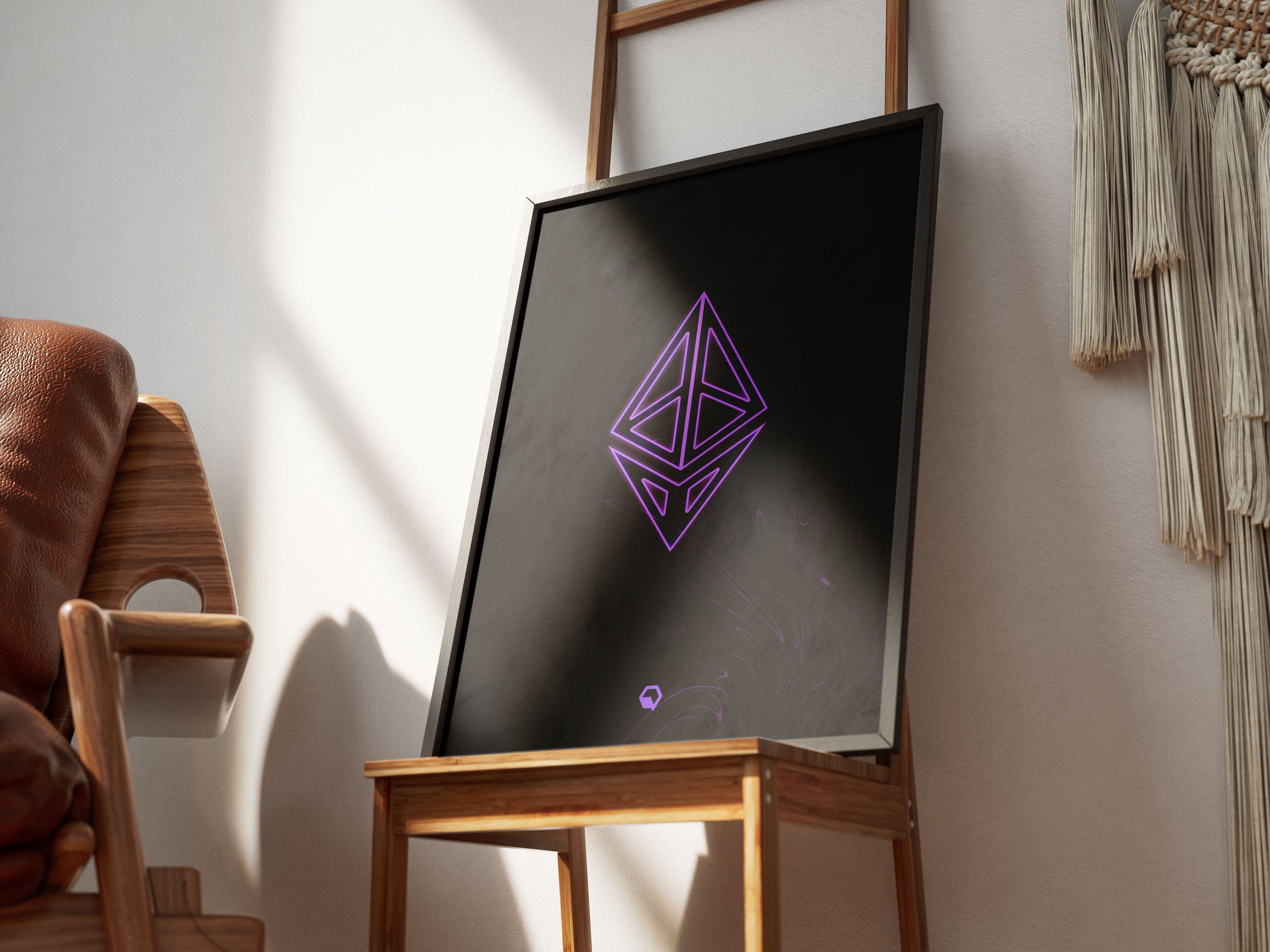 Ethereum Poster Black side shot | ETH Wall Art on stand | Crypto Art side